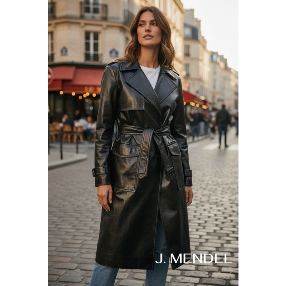 J. Mendel Black Shiny Leather Coat with Belt small